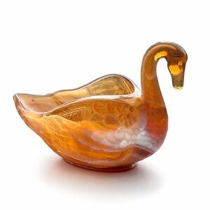Vintage Slag Glass Swan Dish Amber White Marble
